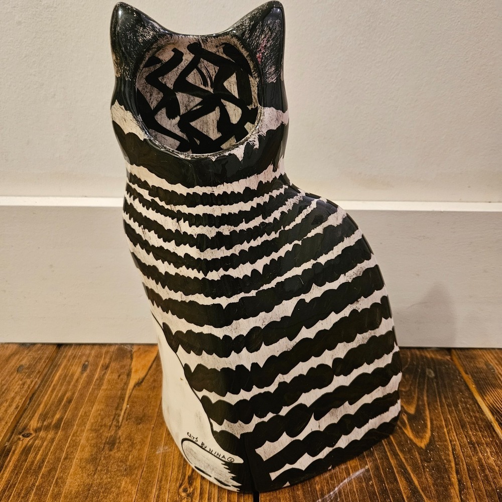 VINTAGE‎ Nina Lyman Black White Cat Tall Ceramic Vase 11" 2001 - Picture 2 of 12